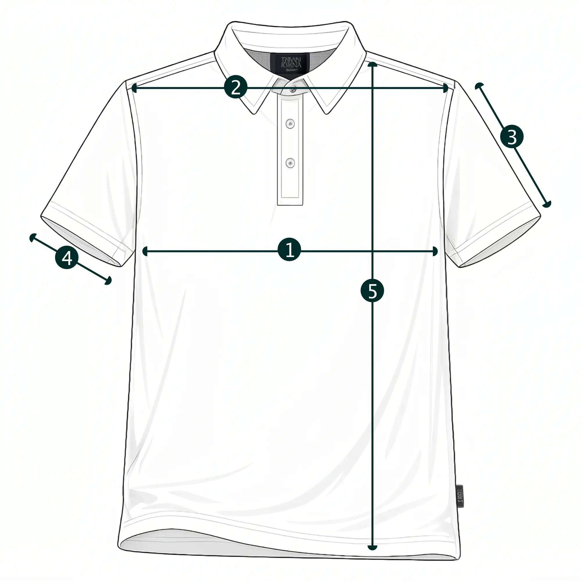Technical measurement size guide diagram for TARANIRVANA Aria Polo shirt, illustrating chest, shoulder, sleeve, and body length dimensions to help customers choose the perfect fit.