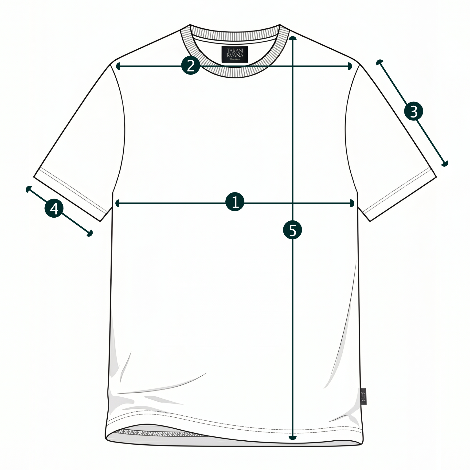 Technical measurement size guide diagram for TARANIRVANA Essenza T-Shirt, illustrating chest, shoulder, sleeve, and body length dimensions to help customers choose the perfect fit.